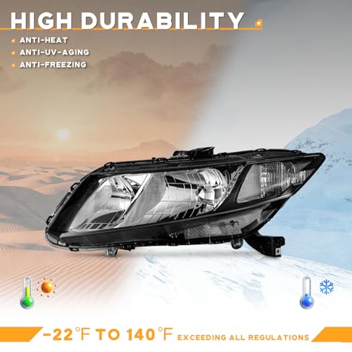 WEELMOTO Halogen Headlights Assembly for 2012-2015 Honda Civic 4Dr Sedan - color: Clear Lens l Black Housing l Clear Reflector