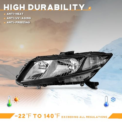 WEELMOTO Halogen Headlights Assembly for 2012-2015 Honda Civic 4Dr Sedan - color: Clear Lens l Black Housing l Clear Reflector