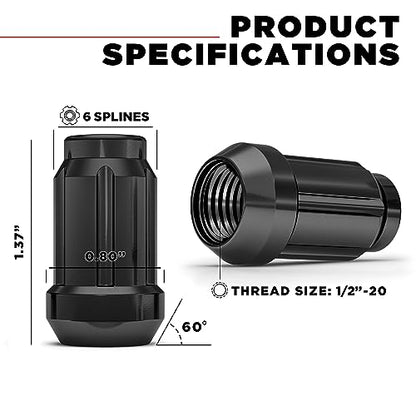 White Knight 3804BK-20AM (Black Chrome) 1/2"-20 Spline Lug Nut with Key, 20 Pack (for AFTERMARKET Wheels with Smaller 0.80" Diameter Seating) - color: Black Chrome