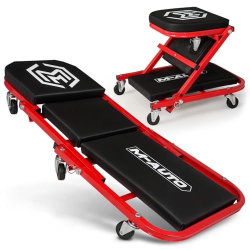 M-AUTO Foldable Z Creeper 2-in-1 Rolling Folding Car Creeper & Seat, 36" Adjustable Roller Garage Chair Lay Down or Sit, 330LBS Capacity Under Car Roller Creeper with 6 Swivel Casters, Red - color: Red, size: 36"