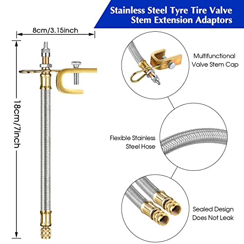 Hotop 4 Pieces Valve Stem Extension Stainless Steel Braided Extenders, 6 Pieces 45 90 135 Degree Brass Extenders for Cars Trucks Motorhome Trailer Rv Trailer Vehicle(7 Inch,Silver) - size: 7 Inch