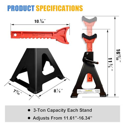 Heavy Duty Car Jack Stands 3 Ton with 2 Crossbars&Double Locking - color: Black+Orange, size: 3 Ton Double Locking with Crossbars