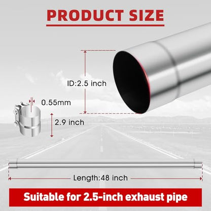 LCGP 2.5 Inch Straight Exhaust Pipe, 2.5" Stainless Steel Straight Muffler Replacement Pipe, 48" Length Mandrel Exhaust Tube with Two Lap Joint Band Clamps(New Version) - size: 2.5 Inch, style: 48 Inch Long