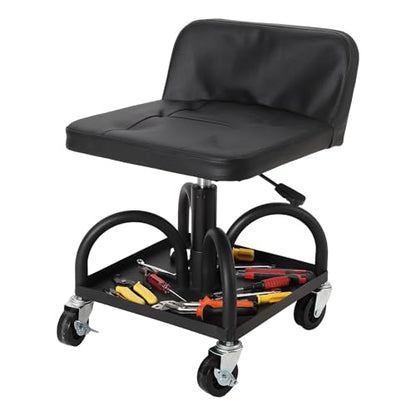 Rolling Shop Stool w/ 3" Locking Swivel Wheels, 300LB Capacity, 15.7"-20.5" Height Adjustable with Soft Cushion & Tool Tray, Telescoping Mechanic Seat for Garage, Auto Repair, Heavy-Duty, Black - size: Black-2