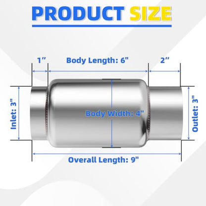 3" Inlet Exhaust Resonator, 3" Inlet/Outlet 9" Overall Length Exhaust Resonator Muffler, Straight Through Stainless Steel Muffler - size: 3" Inlet 9" Overall Length (6'' Body Length)