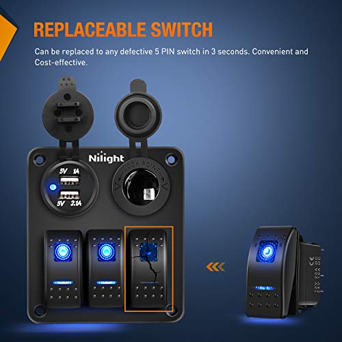 Nilight 6PCS 5PIN SPST Rocker Switches with 6 Sets Jumper Wires Set 20A/12V 10A/24V On/Off Toggle Switches with Night Glow Sticker for Trucks Boats Auto Motorcycles,2 Years Warranty (90131F) , Blue - color: Blue 6 PCS
