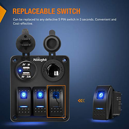 Nilight 6PCS 5PIN SPST Rocker Switches with 6 Sets Jumper Wires Set 20A/12V 10A/24V On/Off Toggle Switches with Night Glow Sticker for Trucks Boats Auto Motorcycles,2 Years Warranty (90131F) , Blue - color: Blue 6 PCS