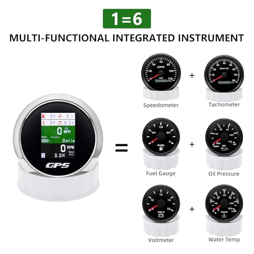 6-in-1 GPS Speedometer 3-3/8" 85mm MAIMEIMI Multi-Functional Adjustable Tachometer Voltmeter Fuel Level Water Temp Oil Pressure with Alarm for Car Boat Marine 9-32V Black - color: Black