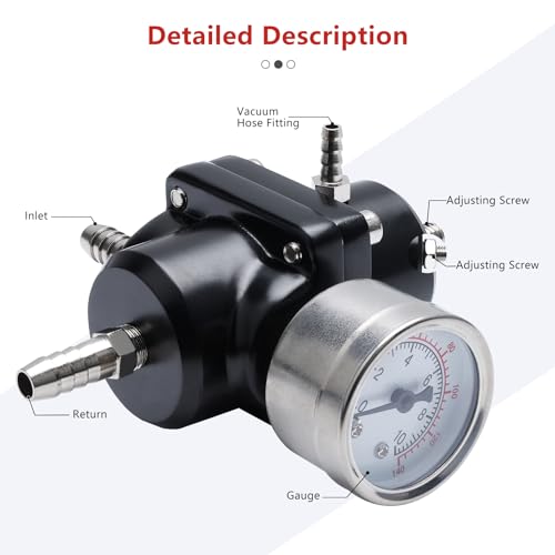 APIELE 조절 가능한 범용 연료 압력 조절기, 알루미늄 가솔린 주입 압력 조절기 키트, 0-140 PSI 게이지 및 연료 라인 호스 포함