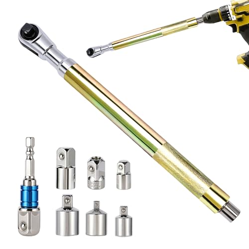 Wayona 1/2" Offset Extension Wrench Set, Impact Ratchet Extender Wrench for Electric with 6PCS Square Drive Adapters & Sockets (1/4" 3/8" 1/2"), Offset Torque Wrench for Tight Spaces - color: Golden