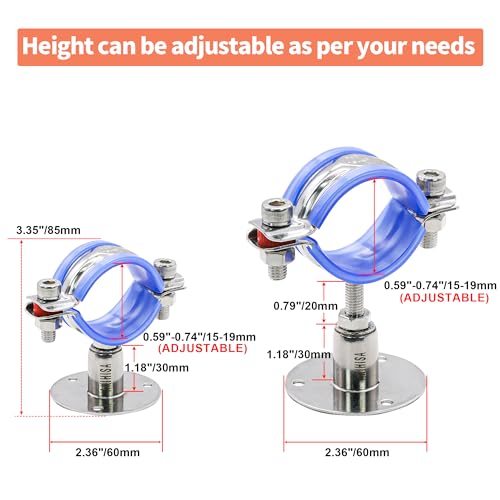 AKIHISA 2 Pcs 304 Stainless Steel Pipe Supports, Wall Mount Ceiling Mount Pipe Hanger, Pipe Holder for OD Pipe 15-19MM Adjustable Height Range 30-50mm - size: 15-19mm, style: Adjustable Height 30-50mm
