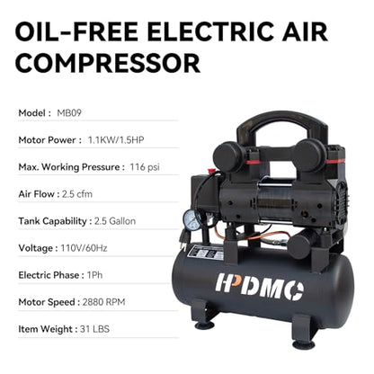 Portable Oil-Free Air Compressor 115 PSI, 110V Electric Hot Dog Compressor with 2.5 Gallon Tank, 120L/min (4.2 CFM) Quiet Air Compressor with Hose for Tire Inflation, Garage & Air Tools