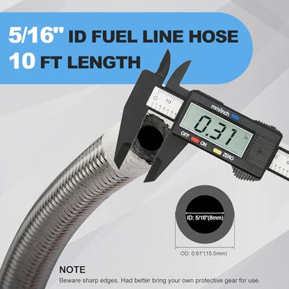 CarBole 10FT Stainless Steel Braided Fuel Line, 5/16" I.D. Diesel Hose Swap EFI PTFE with Fittings for Automotive Fuels Lubricants Coolants - size: 5/16" ID, 10FT