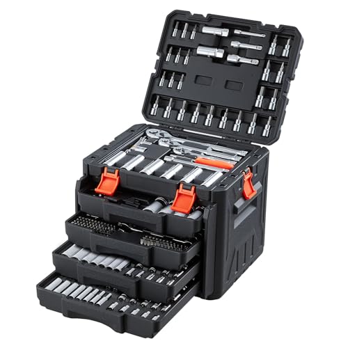 VEVOR Mechanics Tool Set, 297-Piece Mechanic Tool Kit, 1/4 in, 3/8 in, and 1/2 in Drive, SAE and Metric Socket Set, Wrenches, Screwdriver Bits, Accessories, and Storage Case, for Automotive Repair - size: 297-PCS