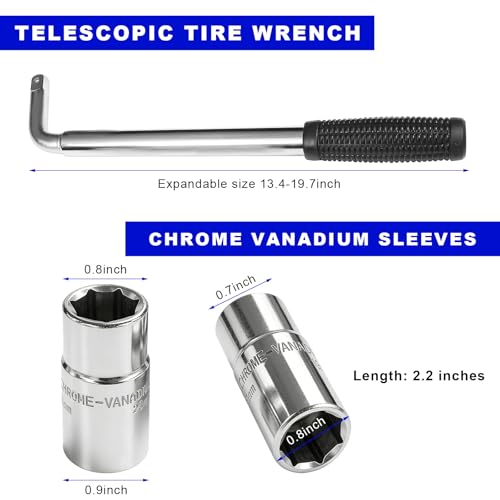 Telescoping Lug Wrench, Extendable Stainless Steel Tire Nut Remover with 17/19mm & 21/23mm Sockets, Rustproof Wheel Lug Nut Removal Wrench Tire Repair Tool for Most Vehicles