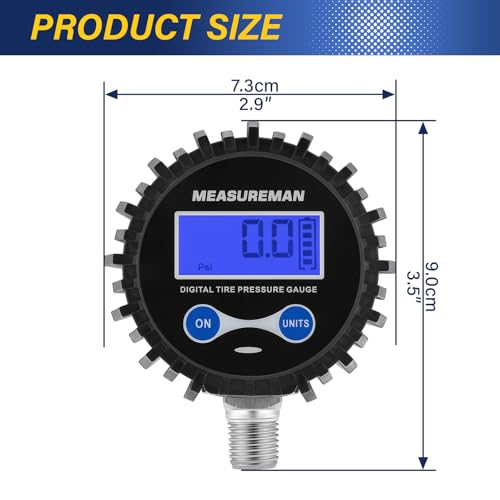 MEASUREMAN 2-1/2" Dial Size Digital Air Pressure Gauge with 1/4'' NPT Bottom Connector and Protective Boot, 0-250psi, Accuracy 1%, Battery Powered with LED Light (Pack of 2) - size: Long thread (Pack of 2), style: 0-250psi