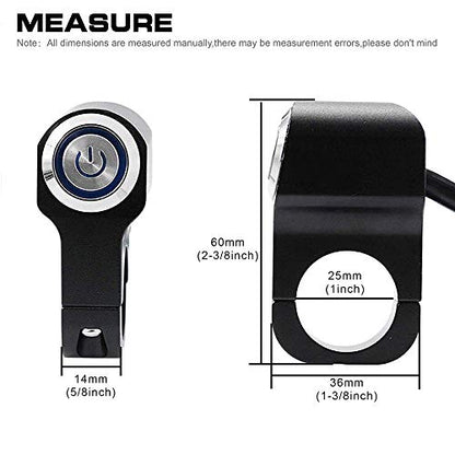 Motorcycle Handlebar Switch 1"" 25mm 12V 10A CNC Aluminum ON/Off LED Light