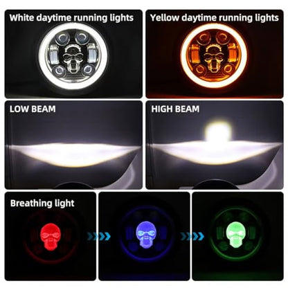 6.69 Inch Motorcycle LED Headlight with Mounting Brackets Assembly, Skull Pattern Round Headlamp with High/Low Beam Turn Signal DRL for Cafe Racer E-bike Bobber Chopper - size: 6.69'' skull headlight with housing brackets