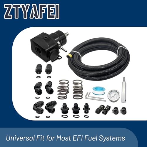 Universal Adjustable EFI Fuel Pressure Regulator Kit (20-120 PSI) - Equipped with Pressure Gauge and 10 FT 6AN CPE Fuel Line Hose and Adapter Fitting, in Black Anodized Aluminum Material