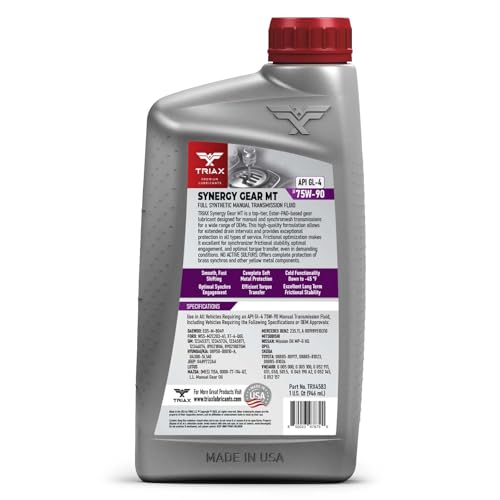 TRIAX Synergy Gear MT 75W-90 GL-4 (MT-90); Full Synthetic Manual Trans Fluid; Smooth Shifting; No Sticking, Slipping, Vibration, or Shudder; Yellow Metal Safe (1 Quart) - size: 1 Quart