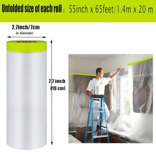 Tape and Drape Painters Tape and Plastic Film - 55in x 65ft Roll for Cars, Auto Body, Skirting and Frames