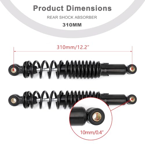 Minho Dual Rear Shock Absorbers with Adjustable Spring Preload in Heavy Iron Material Compatible with Chinese GY6 4-Stroke Engine Taotao ATV Go Kart, Black Color, 310MM Length - size: 310mm