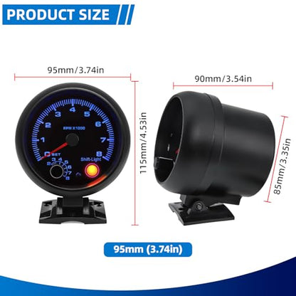 MH 3.75" 95mm Tachometer 0-8000 Large RPM Gauge 7 Color Car AUTO Tacho Shift Light with Dashboard Pod (Black) - color: Black