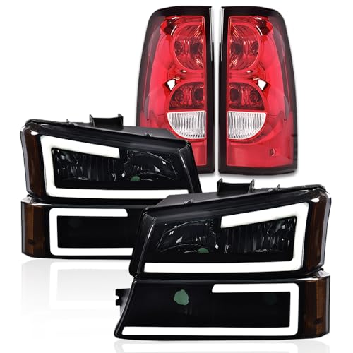 G-PLUS LED DRL Headlights Assembly & Tail Lights Fit Chevy Silverado 03-06 - color: Smoky Lens Black Housing Amber Reflector & Red, size: C LED