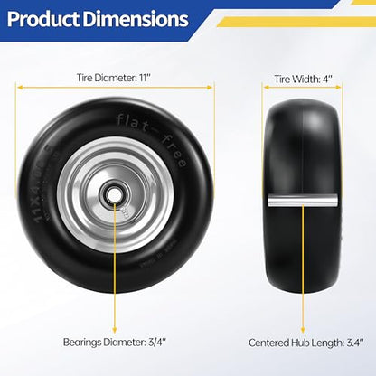 2 Pcs 11x4.00-5 Flat Free Lawn Mower Tire and Wheel, 3/4" & 5/8" Bearings - size: 2 Pcs 11x4.00-5 Flat Free