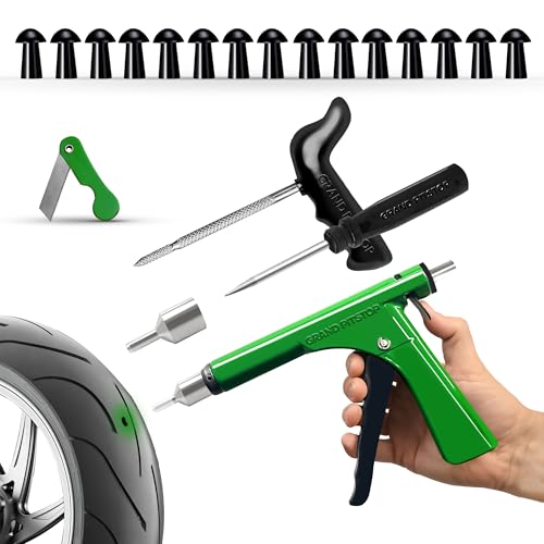 GRAND PITSTOP Tubeless Tire Gun Puncture Repair Kit with Mushroom Plug for Tyre Punctures and Flats on Cars, Motorcycles, ATV, Trucks & Tractors (Gun Puncture kit 15 Plugs, Green) - color: Gun Kit+ 15 Plugs