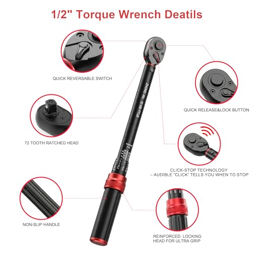 1/2" Drive Click Torque Wrench,10-160 FT.lb,±3% Precision 72-Tooth Dual Direction Dual Range Scale, for Car Bike Moto Repair