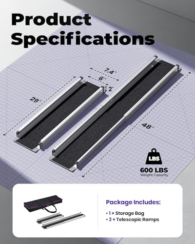 4FT Telescoping Aluminum Portable Wheelchair Ramp with Bag, 600LBS - size: 2 to 4 FT