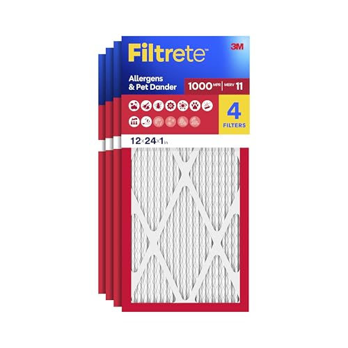 Filtrete 12x24x1 Air Filter, MERV 11, MPR 1000, Allergens & Pet Dander, 3-Month AC and Furnace Filters, Cleaner Air, Reliable Airflow, 4 HVAC Filters (Actual Size 11.68 x 23.68 x 0.81 in) - size: 12x24x1
