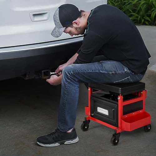 M-AUTO Mechanic Stool Garage Rolling Tool Chest Seat w/Drawer & Tray, 350LBS Capacity Multi-Function Adjustable Height Mechanic Creeper Seat for Projects Inside The Garage and Workshop, Red - size: 16"