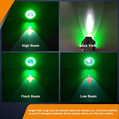 Motorcycle LED Fog Lights U7 Spotlight Daytime Running Lights with Green Angel Eyes Halo Ring and Switch 2-Sets - color: green