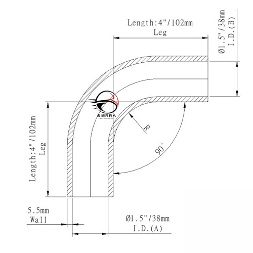 1.5 Inch / 38mm 90 Degree Silicone Elbow Hose – Extended Leg Design, True 102mm Length, 5.5mm Thickness – High Temp 4-Ply Black Coupler for Turbo, Intake, Radiator Pipe - size: 1.5 Inch / 38mm
