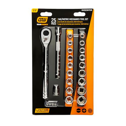 GEARWRENCH 25 Piece 3/8" Dr 72T SAE/Metric Mechanics Tool Set | GWXSCBMTS38 - size: 25 Piece, style: SAE/Metric
