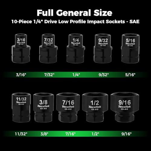 TecoTek 10-Piece 1/4-Inch Drive SAE Low Profile Impact Socket Set, Stubby Socket Set, 3/16" to 9/16", 6 Point, Cr-Mo, Shorter Socket for Tight Areas - size: 3/16" - 9/16"(1/4" Dr.)
