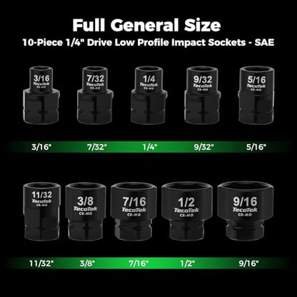 TecoTek 10-Piece 1/4-Inch Drive SAE Low Profile Impact Socket Set, Stubby Socket Set, 3/16" to 9/16", 6 Point, Cr-Mo, Shorter Socket for Tight Areas - size: 3/16" - 9/16"(1/4" Dr.)