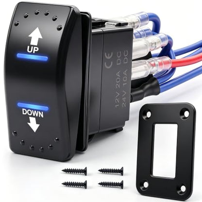 weideer 20A 12V Polarity Reversing Momentary Rocker Switch DC Motor Control 7Pin Up Down Blue LED Winch in/Out Switch with Aluminum Plate Screw Pigtail Wire K-053 - color: BU-UP DOWN 7 pin, size: Momentary