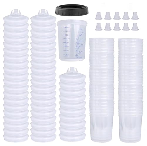 Disposable Paint Sprayer Mixing Cup for Automotive Paint Gun, HVLP Paint Spray Paint Gun 6 Ounce (160ml) Kit with 50 Cups and Lids System, 1 Hard Cup with Retainer Ring and 10 Plugs - size: 6 Ounce Kit