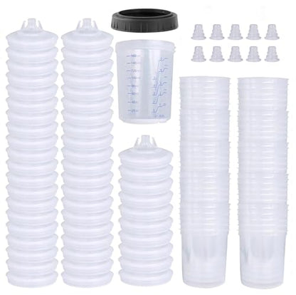 Disposable Paint Sprayer Mixing Cup for Automotive Paint Gun, HVLP Paint Spray Paint Gun 6 Ounce (160ml) Kit with 50 Cups and Lids System, 1 Hard Cup with Retainer Ring and 10 Plugs - size: 6 Ounce Kit