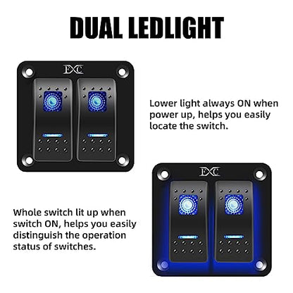 FXC Pre-Wired 2 Gang Rocker Switch Aluminum Panel with 40A Inline Fuse, Waterproof 6-Pin On-Off Car Boat Switch, Blue LED Switch Panel for Marine Boat Automotive RV Truck ATV Vehicles 12V/24V - style: 2 Gang