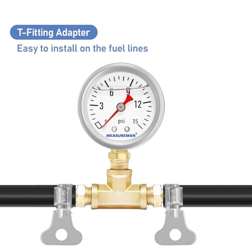 MEASUREMAN Fuel Pressure Gauge Kit 0-15Psi Stainless Steel Glycerin Filled, 1-1/2" Dial Size, with 5/16" Fuel Line Fuel Pressure Brass T-Fitting Adapter, Lower Mount - size: 0-15 psi, style: Lower Mount T-Fitting Adapter