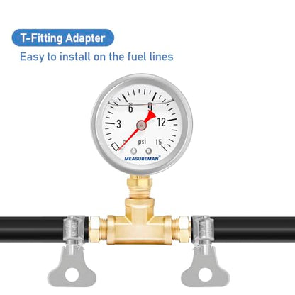 MEASUREMAN Fuel Pressure Gauge Kit 0-15Psi Stainless Steel Glycerin Filled, 1-1/2" Dial Size, with 5/16" Fuel Line Fuel Pressure Brass T-Fitting Adapter, Lower Mount - size: 0-15 psi, style: Lower Mount T-Fitting Adapter