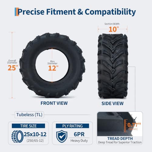 Garvee ATV Tires/UTV Tires, 25x10x12 ATV Tire(250/65-12) TL, 6PR Four Wheeler Tires Set 2,Trail Mud Sand Off-Road Sport Tires,Tubeless - size: 25X10.00-12