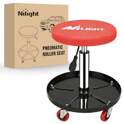 Nilight Rolling Mechanic Stool 330LBS Pneumatic Adjustable Swivel PU Seat - color: Black Red 330lbs