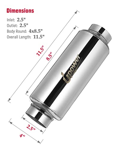 Upower 2.5" Inlet&Outlet Exhaust Resonator,4" x8.5" Body 11.5" Overall Length Center Straight Through Stainless Steel Muffler,Polished - size: 2.5" Inlet 11.5" Overall Length