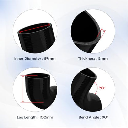Endure 90 Degree Silicone Elbow Intake Hose 4-Ply, 3.5"(89mm) - Black - color: Black, size: ID - 3.5Inch(89mm)