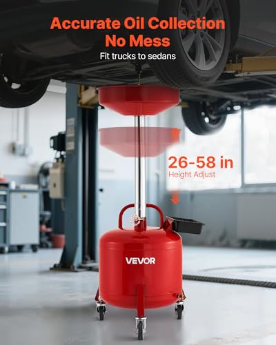 VEVOR 8 Gallon Waste Oil Drain Tank, Industrial Fluid Drain Tank with Adjustable Funnel Height, Portable Oil Drainer with Wheels & Toolbox, Fluid Fuel Transfer Drainage for Auto Repair Shops, Red - size: 8 Gallon